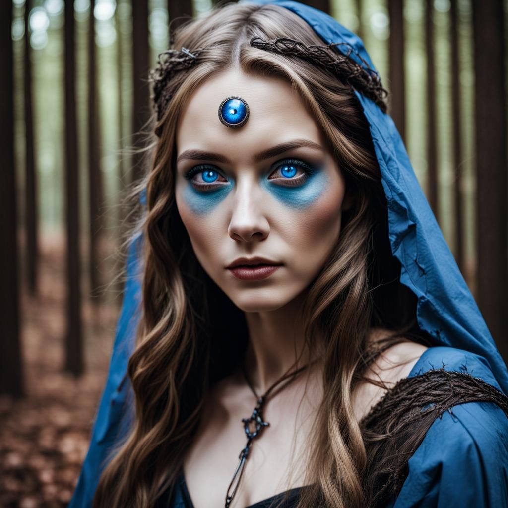Blue-Eyed Sorceress in Deep Woods, Photographic Style