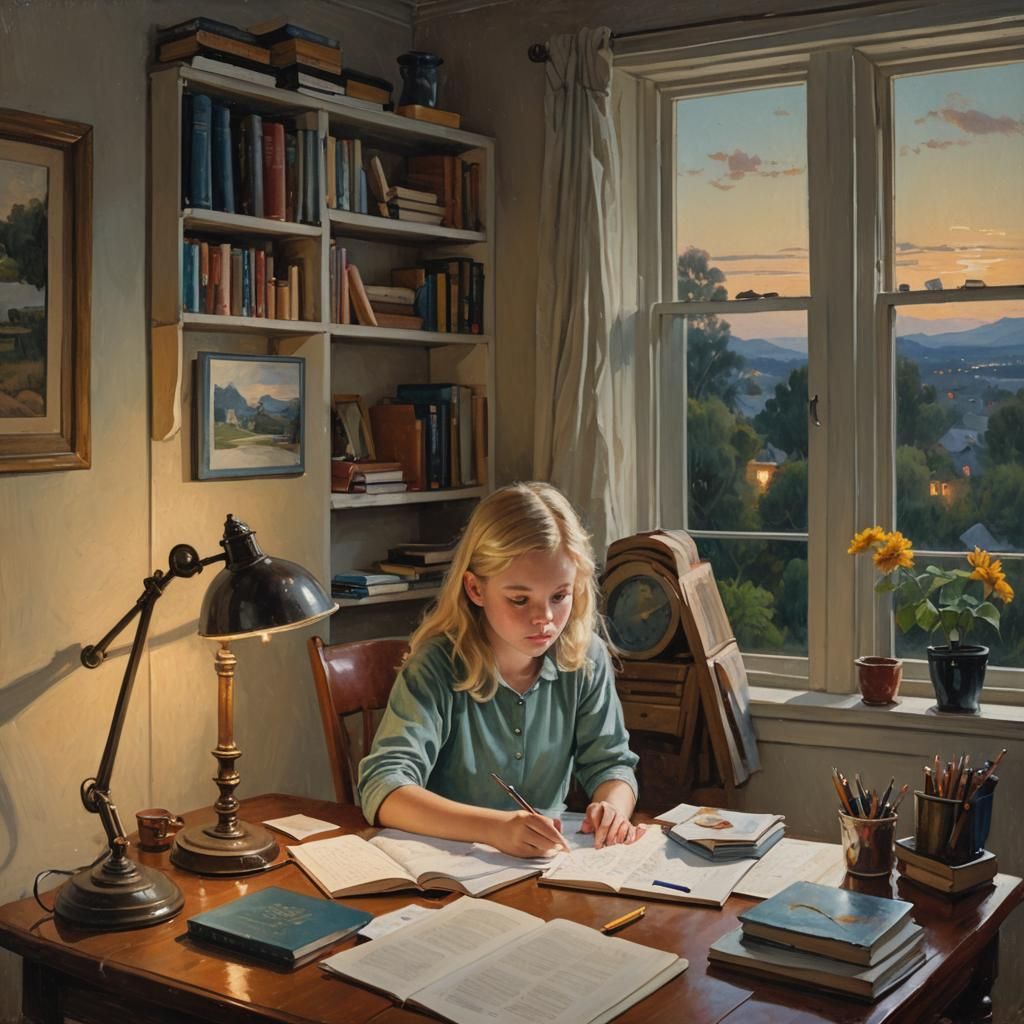 Girl Doing Homework: Oil Painting by James Gurney