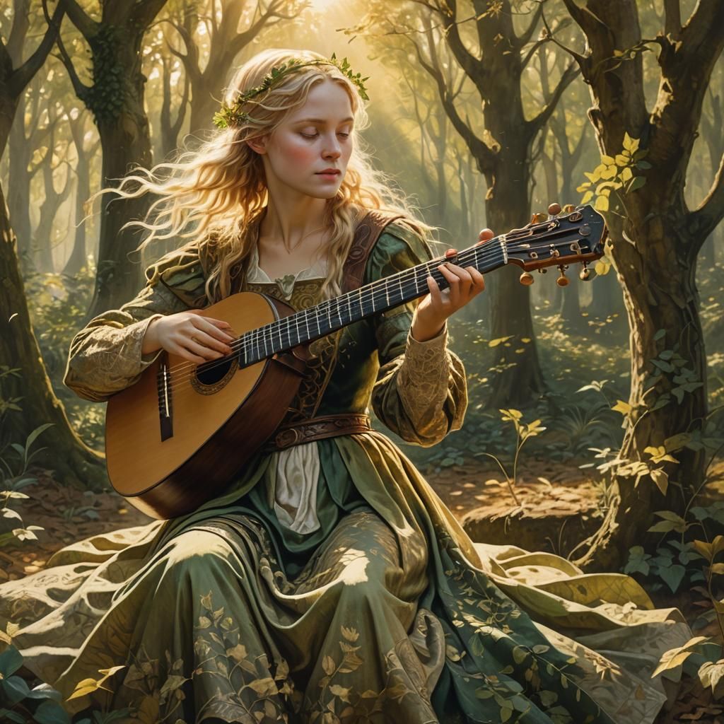 Female Minstrel in Sunlit Forest Glade