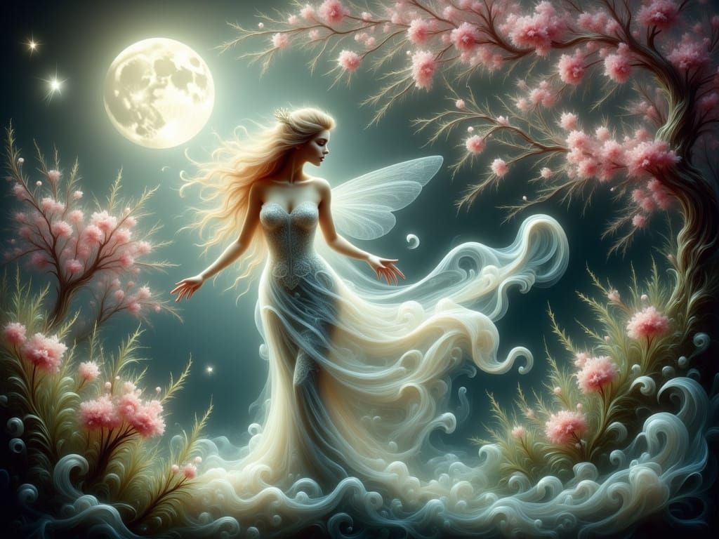 Ethereal Fairy in Moonlit Forest with Blossoms