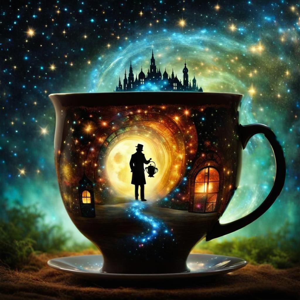 Surreal Galaxy Teapot Portal with Bioluminescent Crystals
