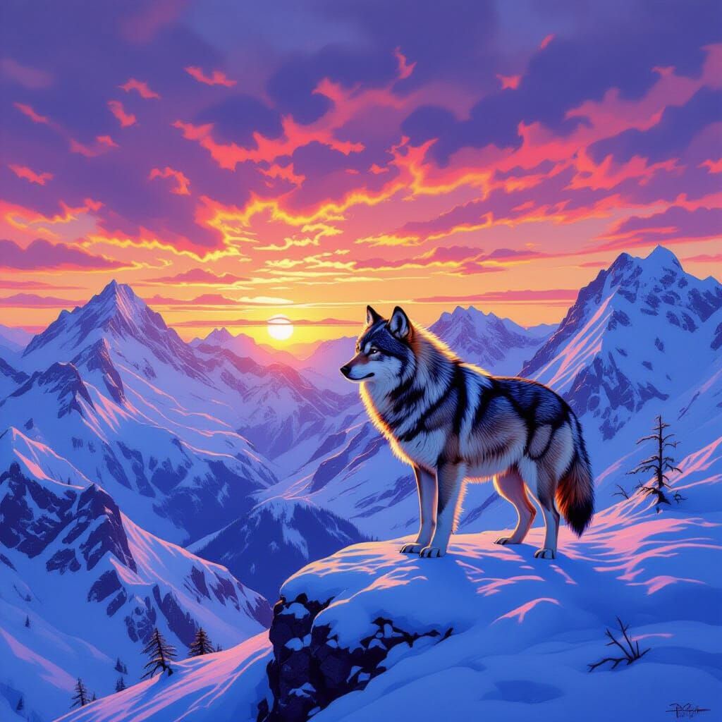 Lone Wolf on Snowy Peak in Classical Realism