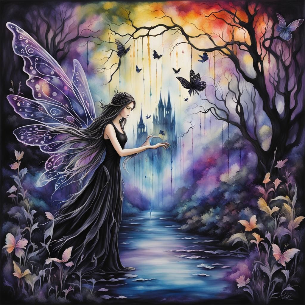 Gothic Fairies in Hazy Airbrushed Alcohol Ink Scene