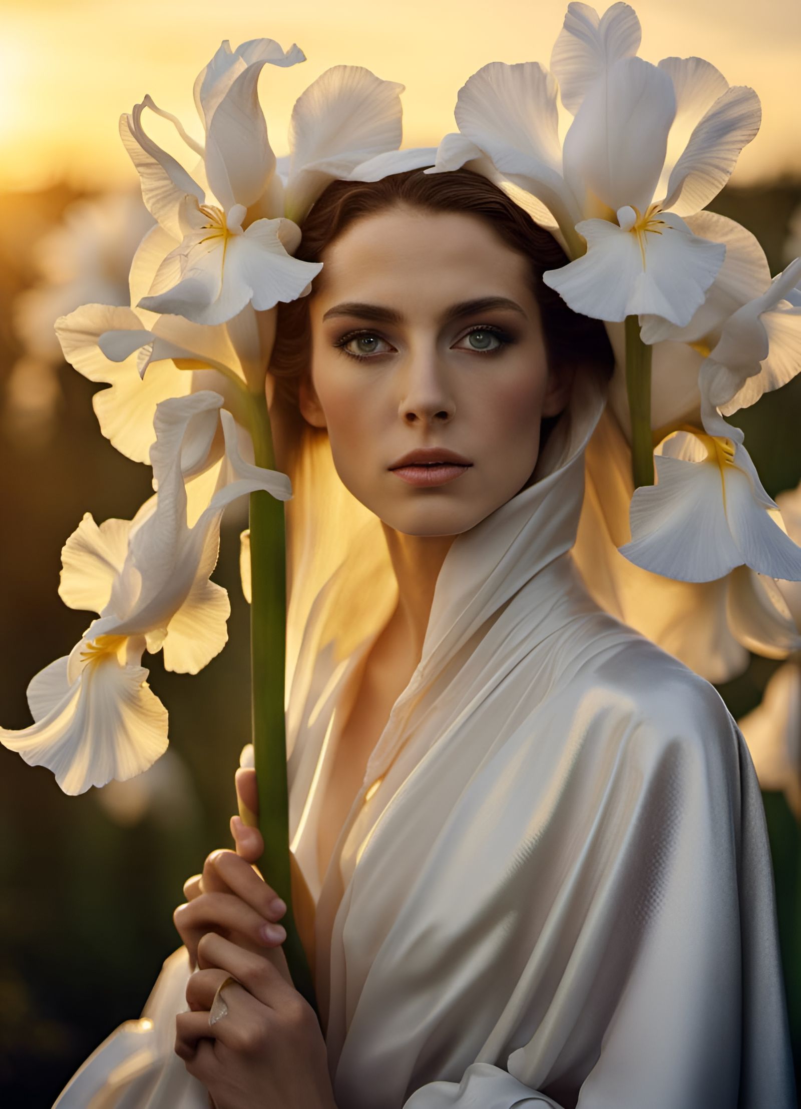 Renaissance Woman with Irises in Dreamy Light