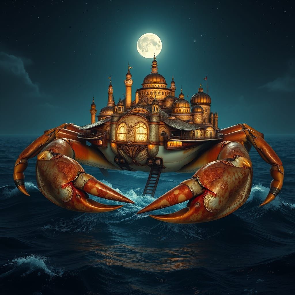 Titanic Crab City Crawls Across Moonlit Sea