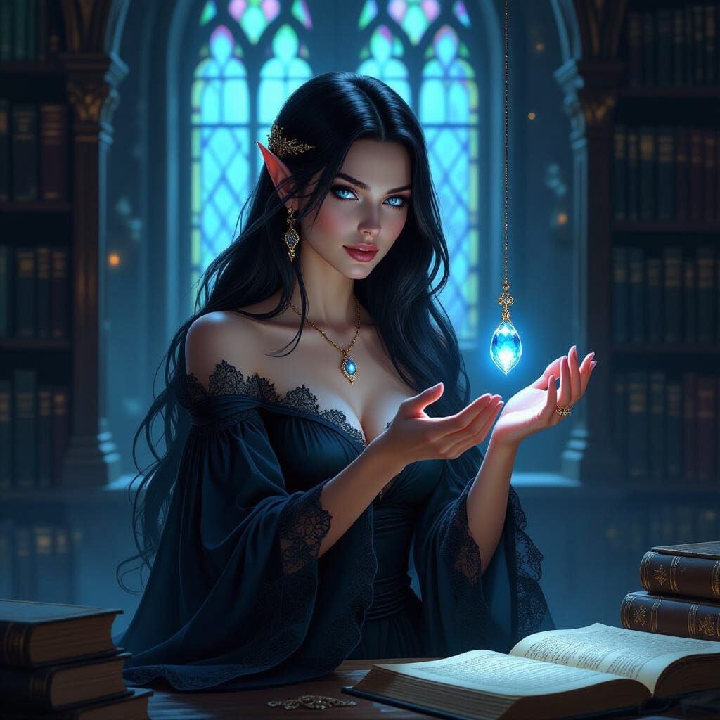 Half-Elf Mage in Gothic Library, Classic RPG Art