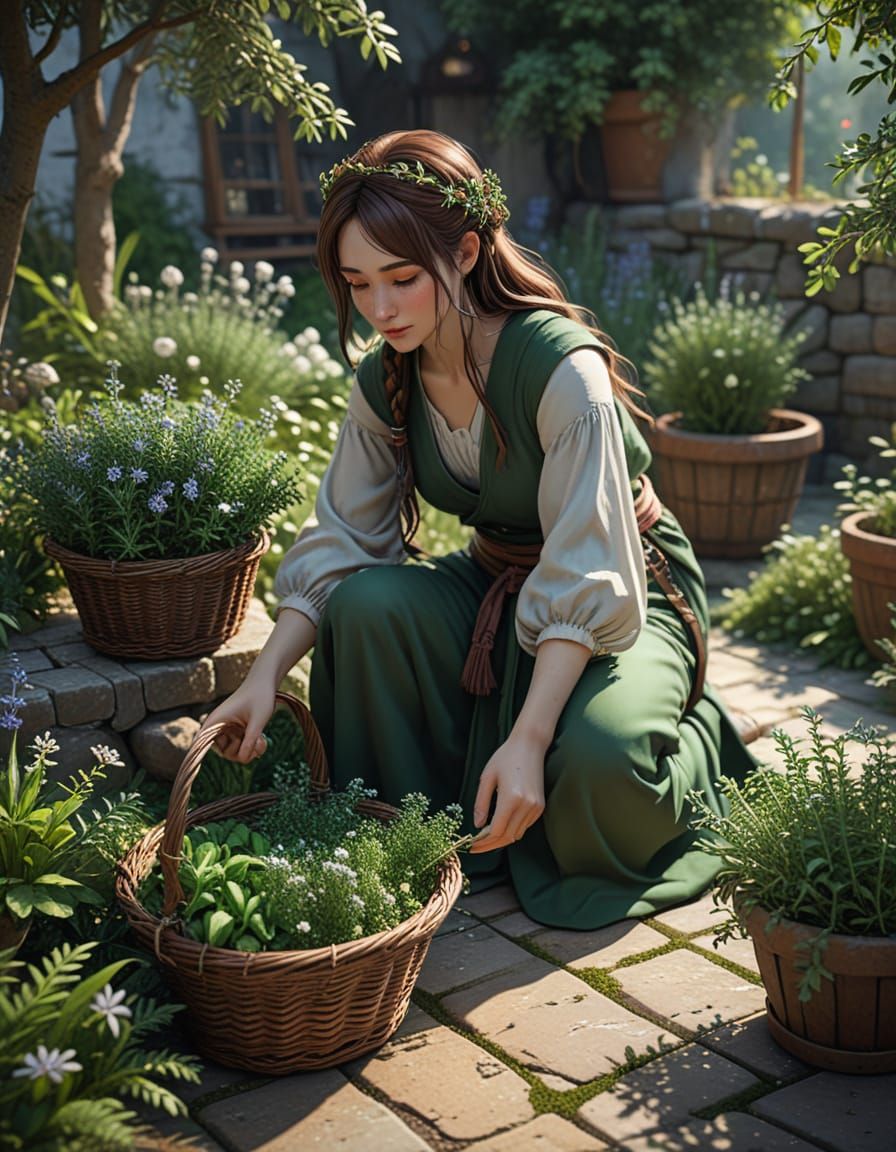 Druid Woman Gathering Herbs in Anime Style