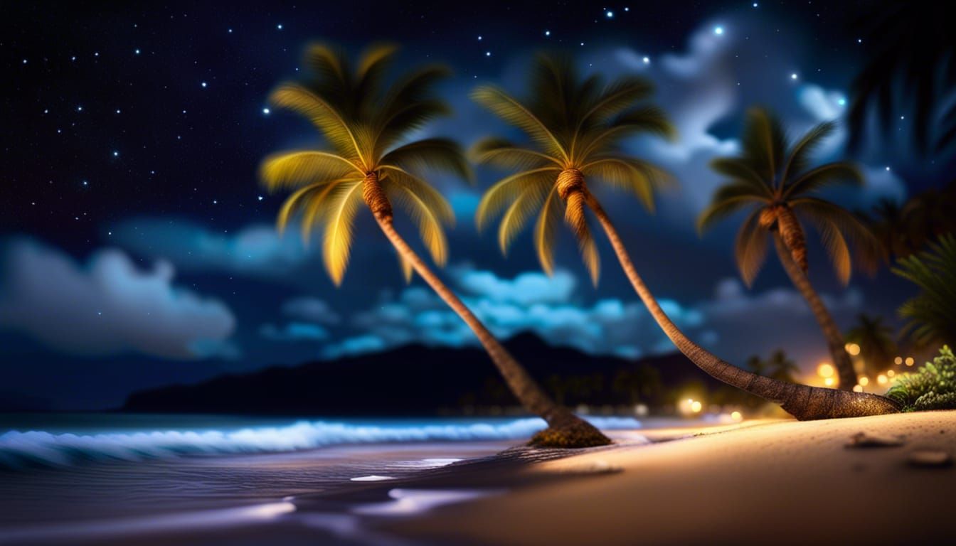 Hawaiian Beach at Night in Storybook Style
