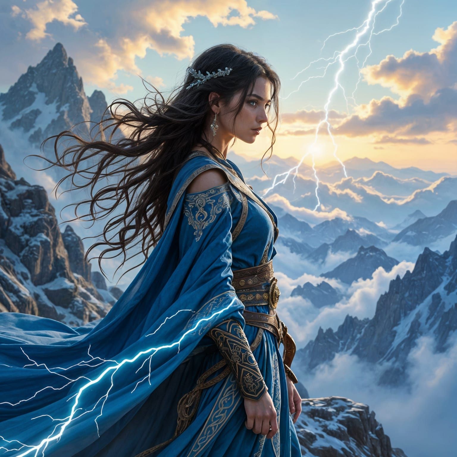 Teen Warrior Commands Lightning on Windswept Peak