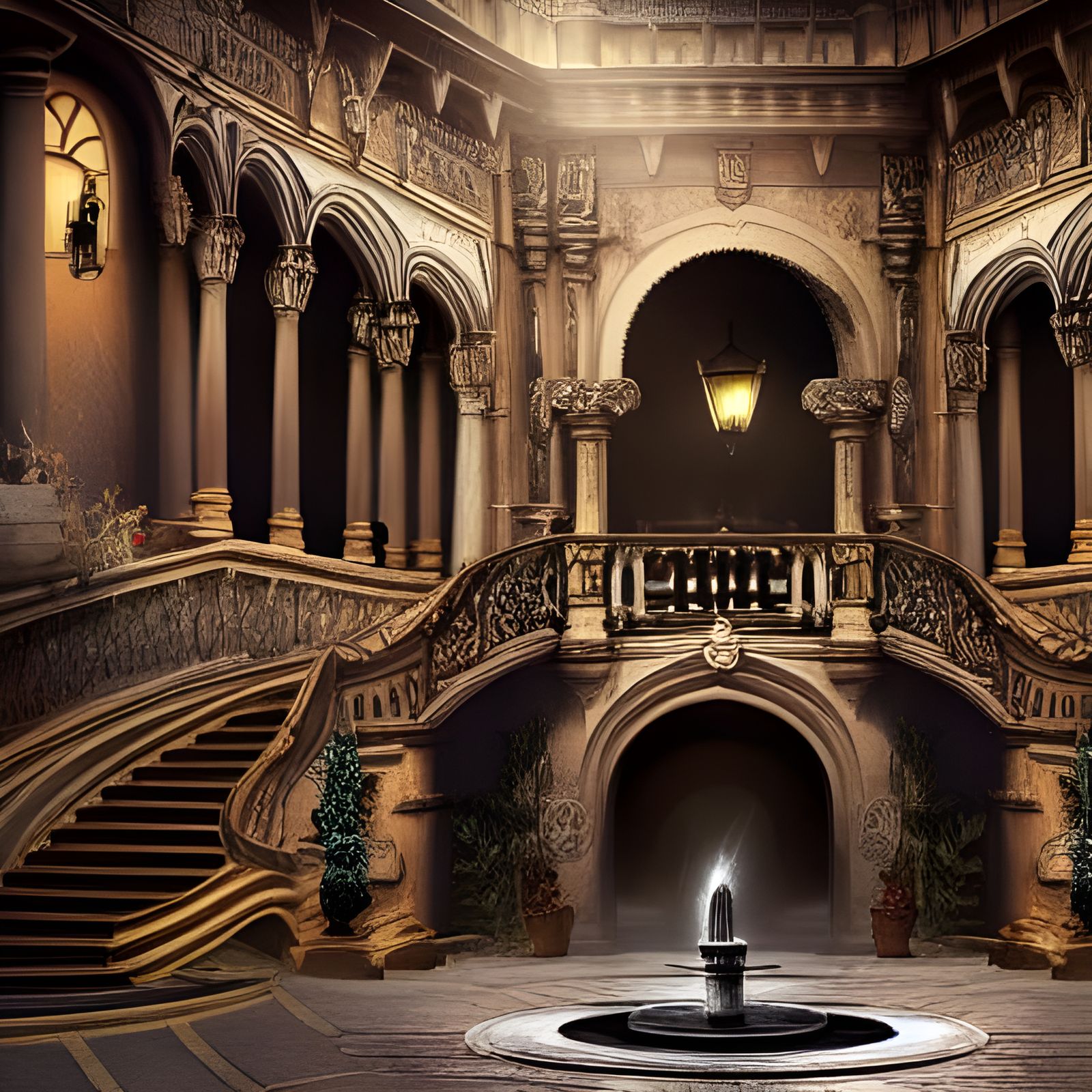 Castle Interior with Fountain and Staircase