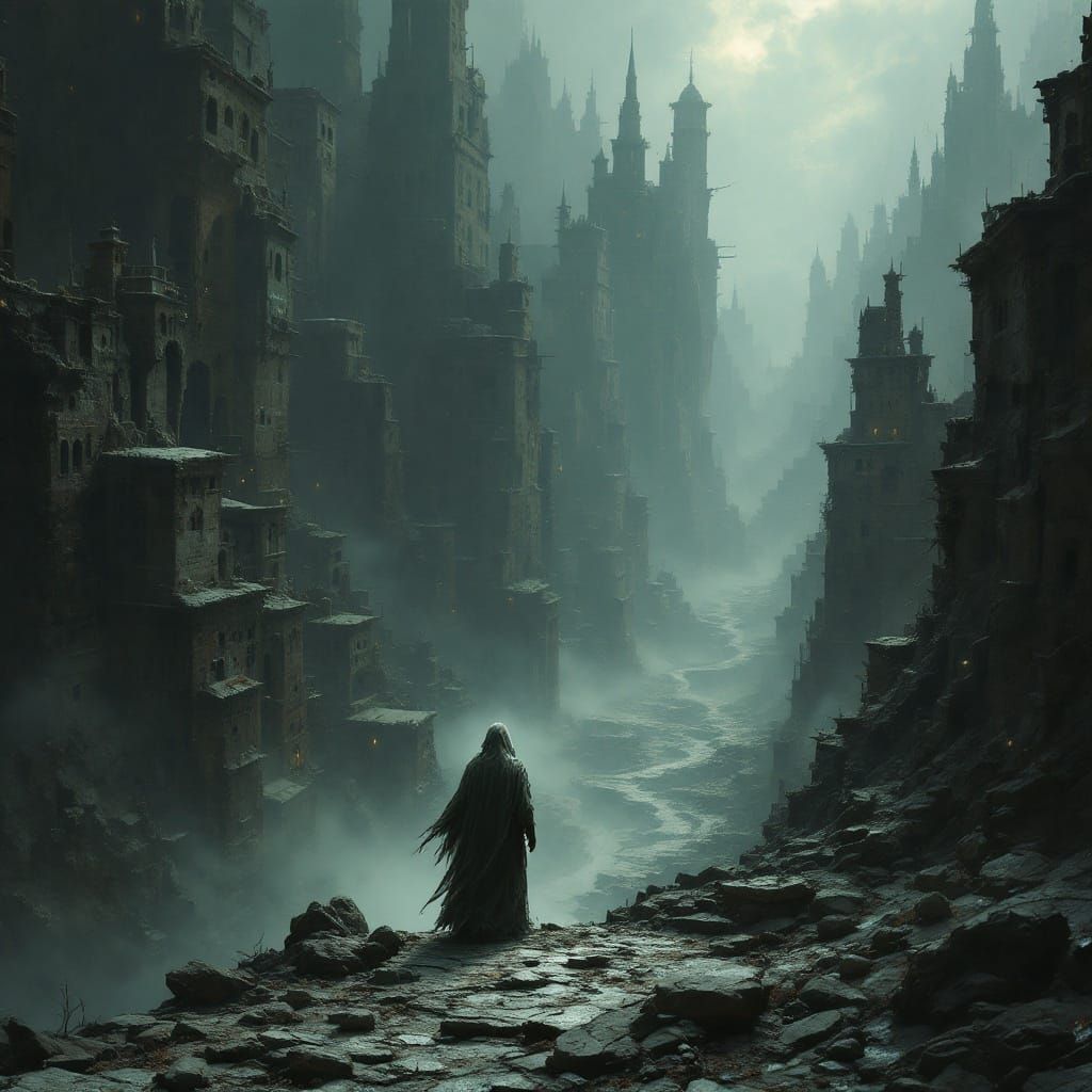 Desolate Cityscape with Cloaked Figure in Surrealist Style