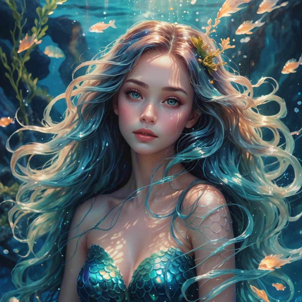 Mystical Mermaid Portrait in Watercolor Style
