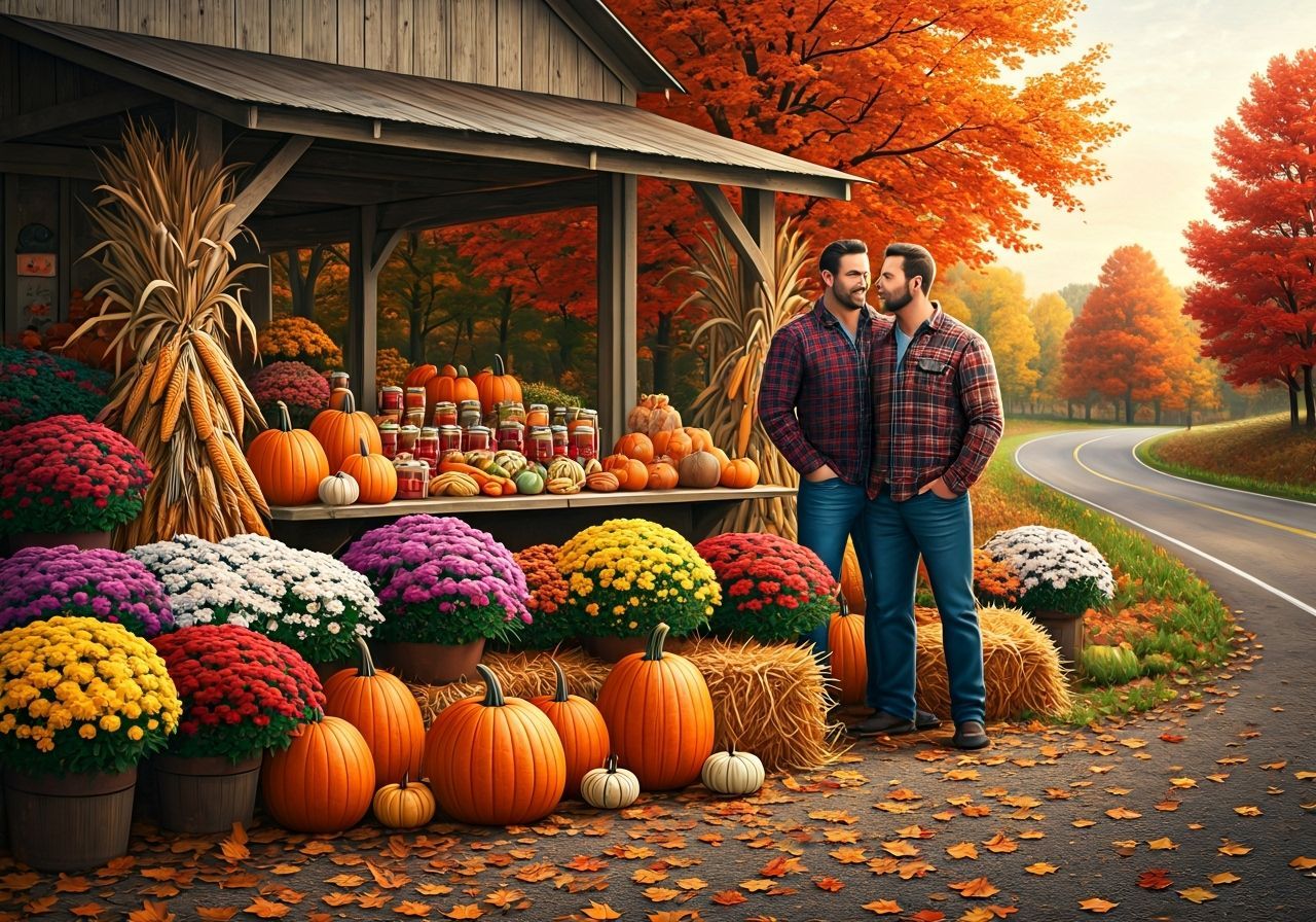 Autumn Farmstand Scene with Gay Couple