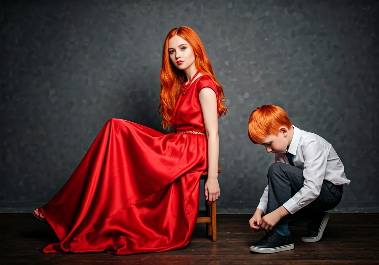 Anime-Style Red-Haired Girl in Silk Dress