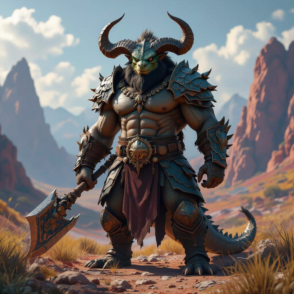 Male Dragonborn Barbarian in Rich Fantasy Landscape