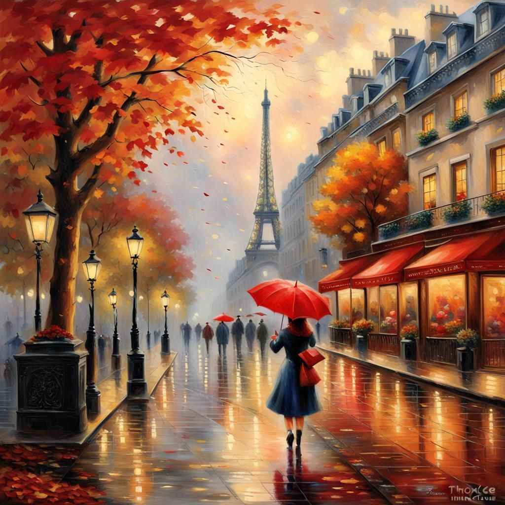 Rainy Day in Paris with Red Umbrella