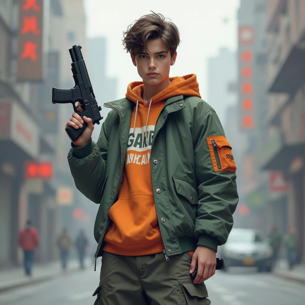Streetwear Youth with Futuristic Handgun in Urban Setting