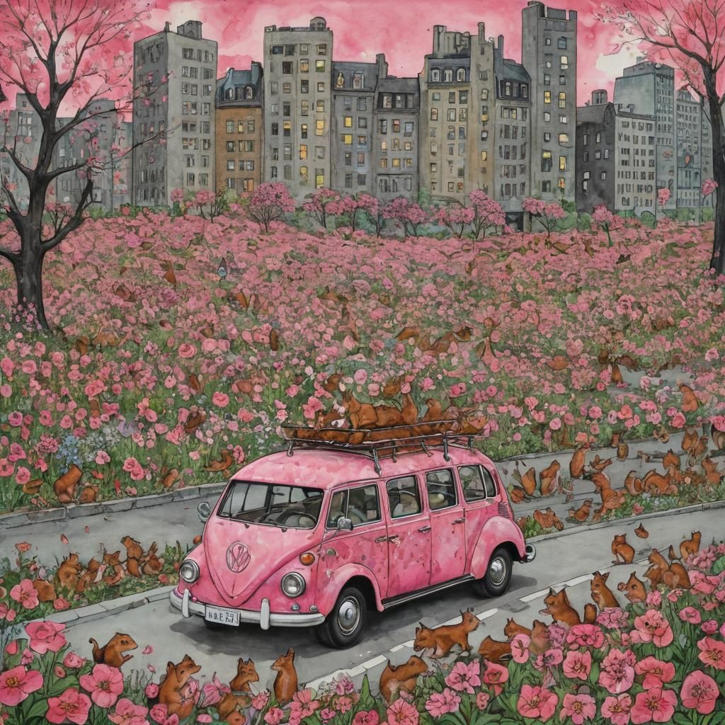 Pink VW Swarm: Surreal Squirrels and Cityscape
