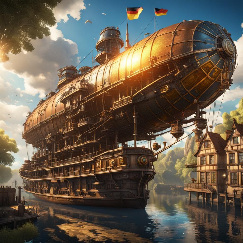 German Steampunk Expedition with Zeppelin in Bright Sunlight