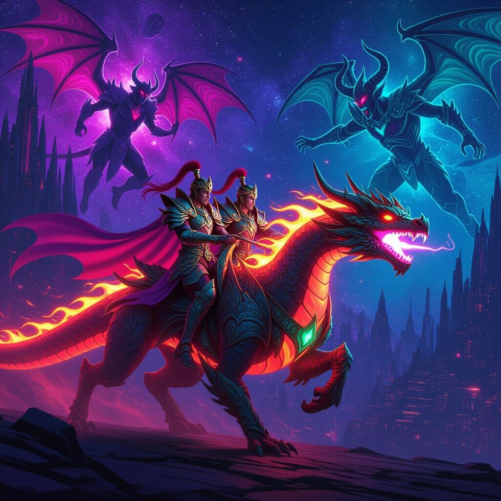 Neon Dragon Riders Battle Demon in Cosmic Universe