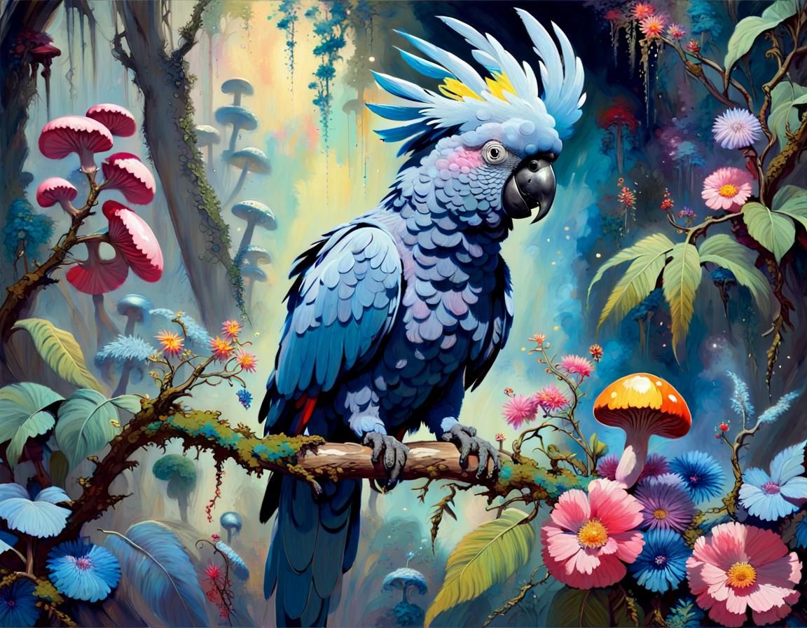 Sparkling Blue Cockatoo in a Fantasy Jungle