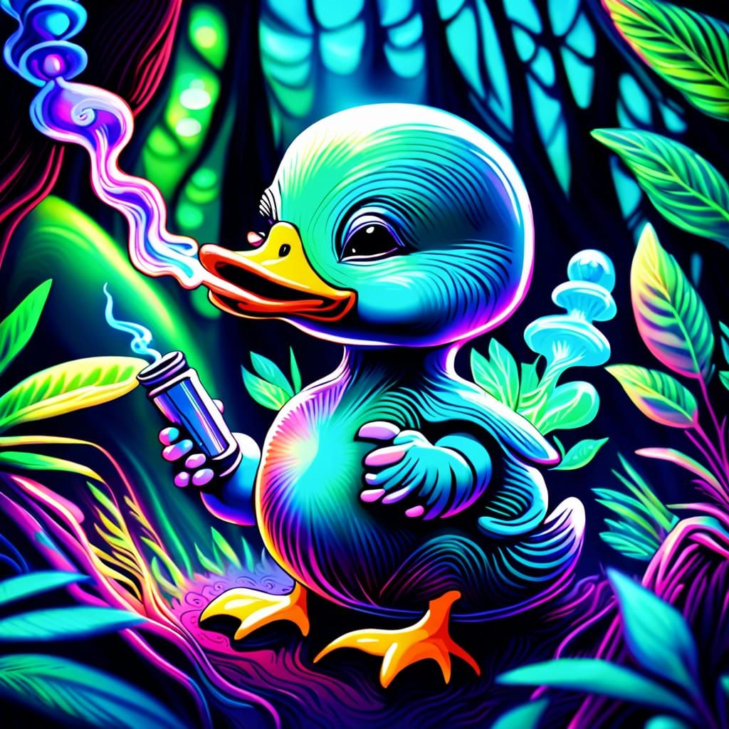 Alien Duckling in Galactic Forest, Trippy Illustration