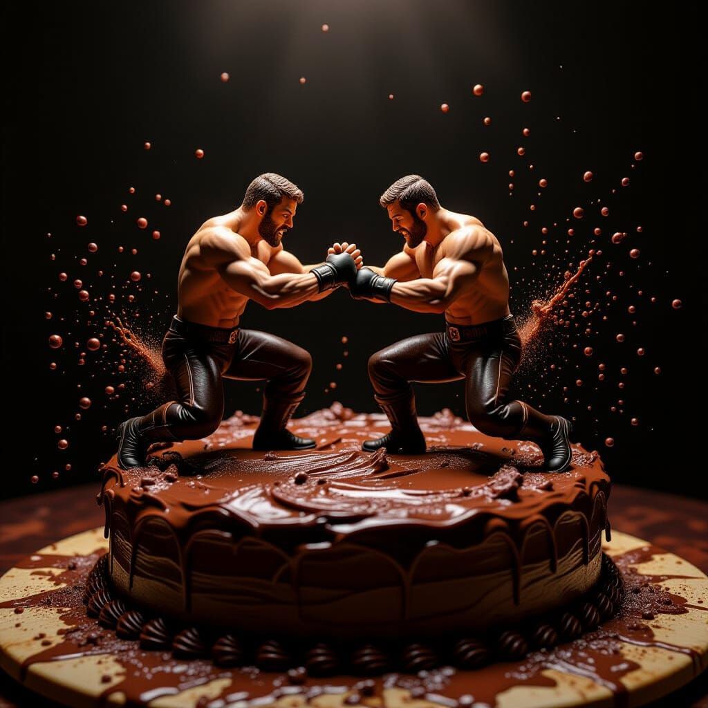 Tiny Men Wrestle in Chocolate on Cake