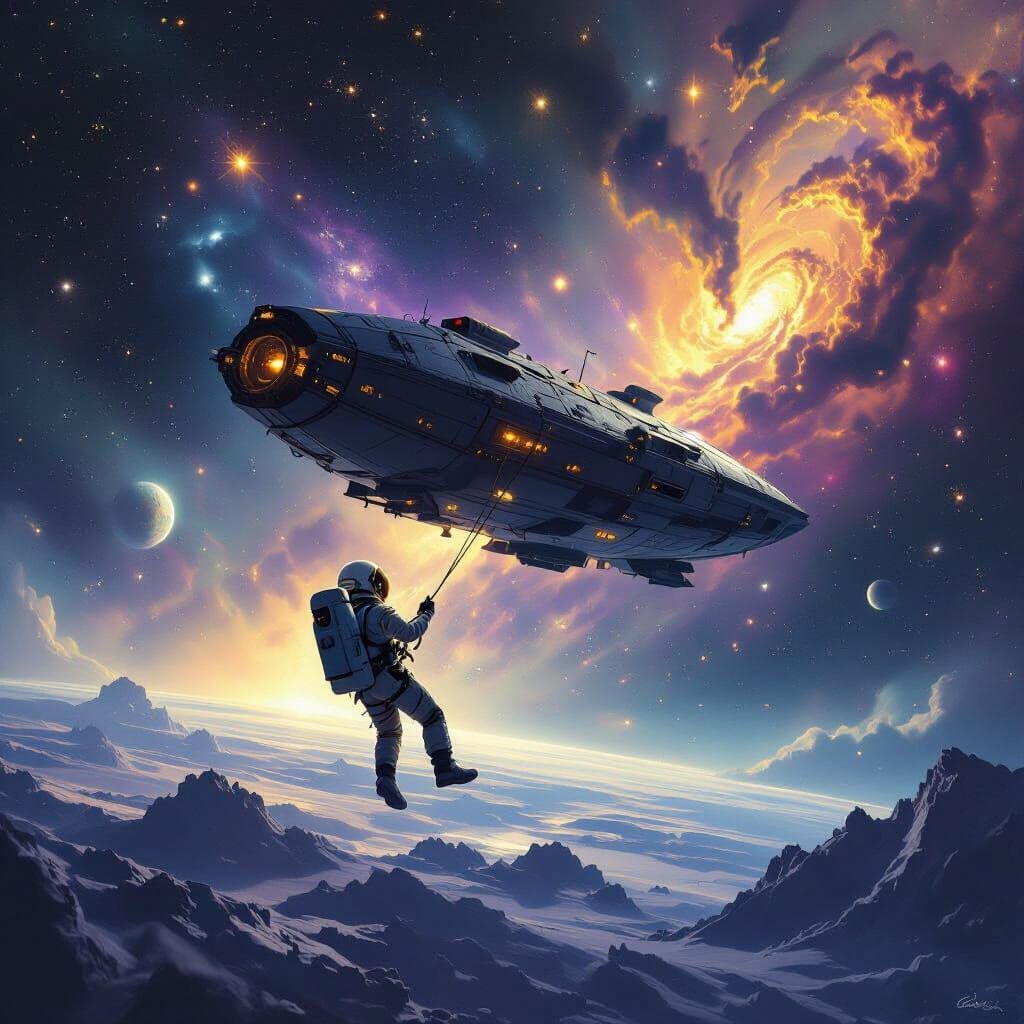 Astronaut Adrift in Cosmic Nebula, Sci-Fi Book Art Style