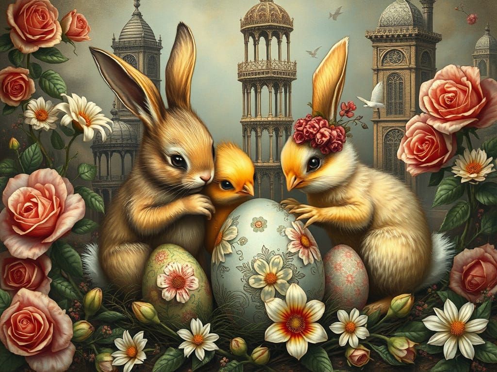 Bunnies and Chicks Decorating Easter Eggs in Vintage Style