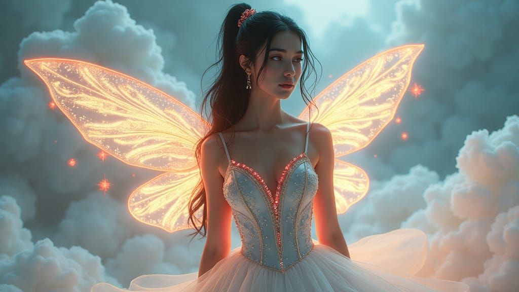 Bioluminescent Latina Elf in Flowing Gown Portrait