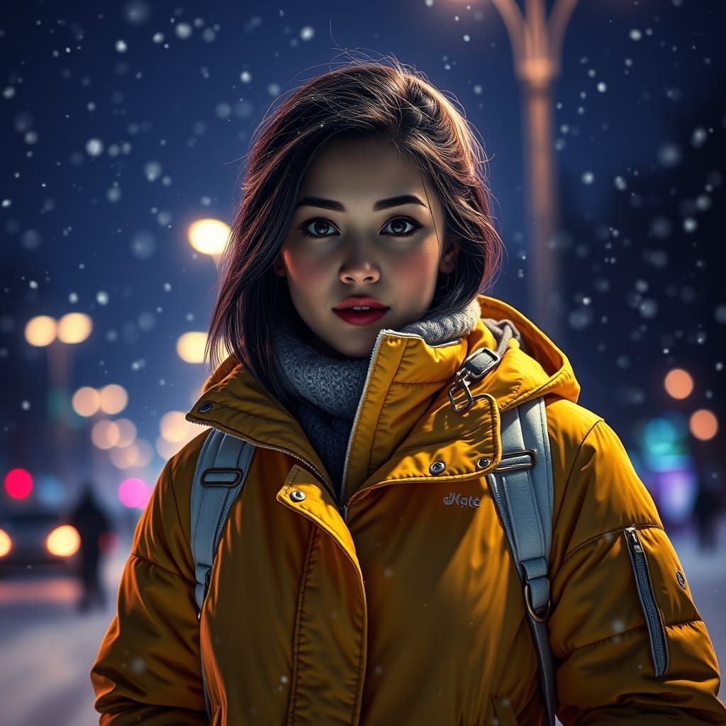 Woman in Fluorescent Winter Clothes at Night