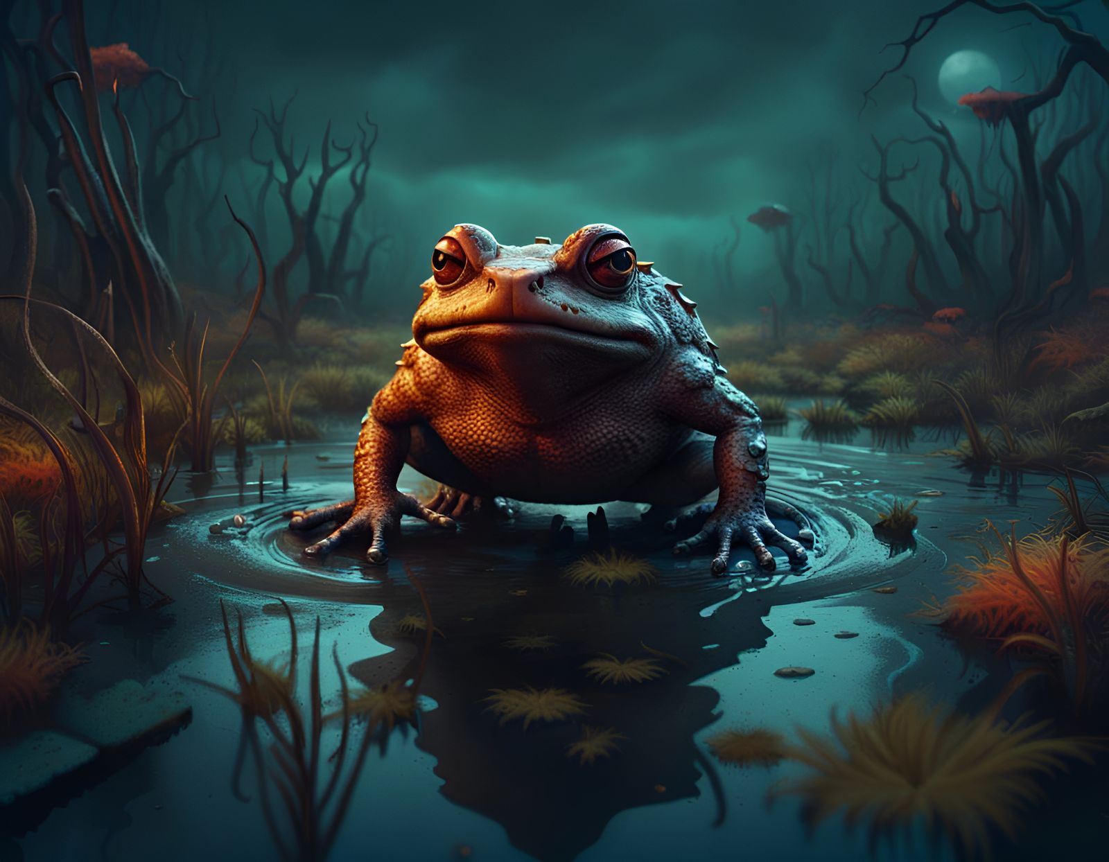 Scary Toad Bouncing Across Haunted Pond in Horror Style