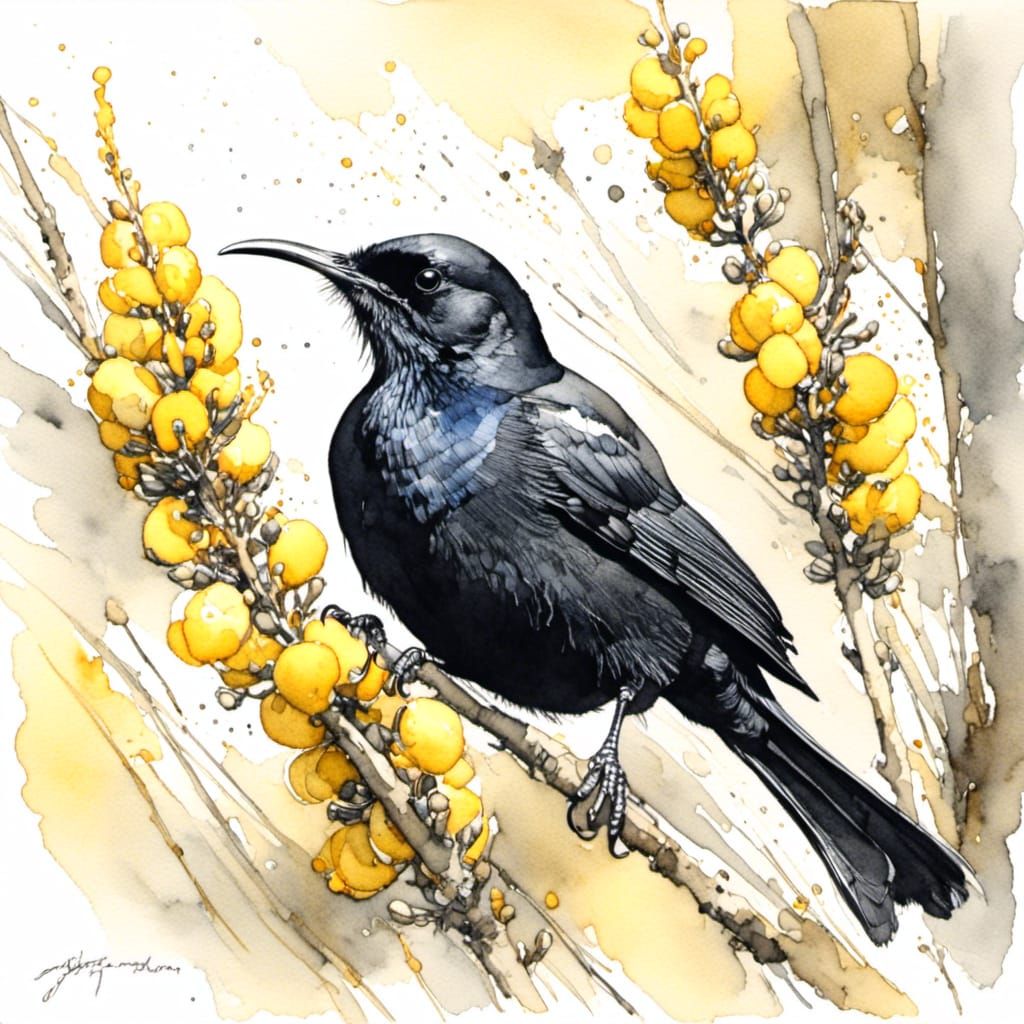 Tui in Kowhai Tree: Ink Wash Painting