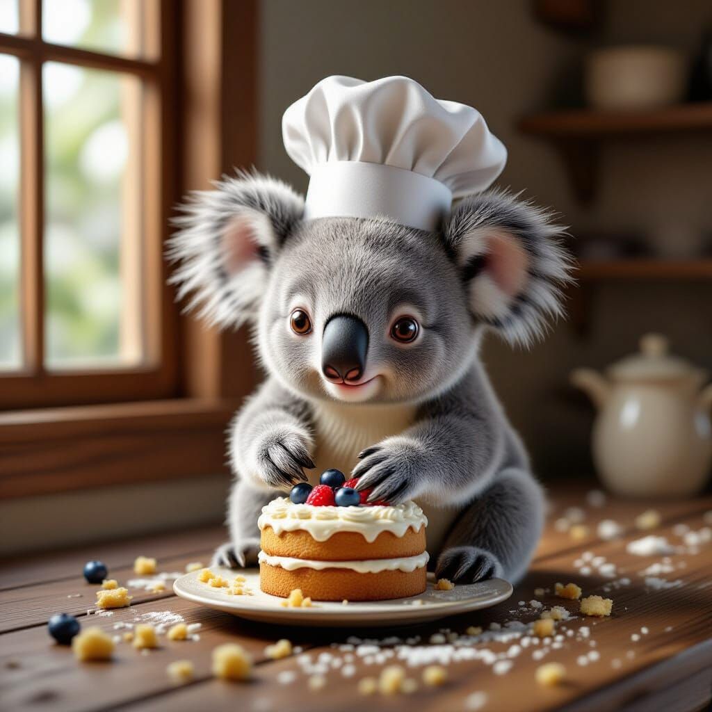 Fluffy Koala Chef Decorates Miniature Cake