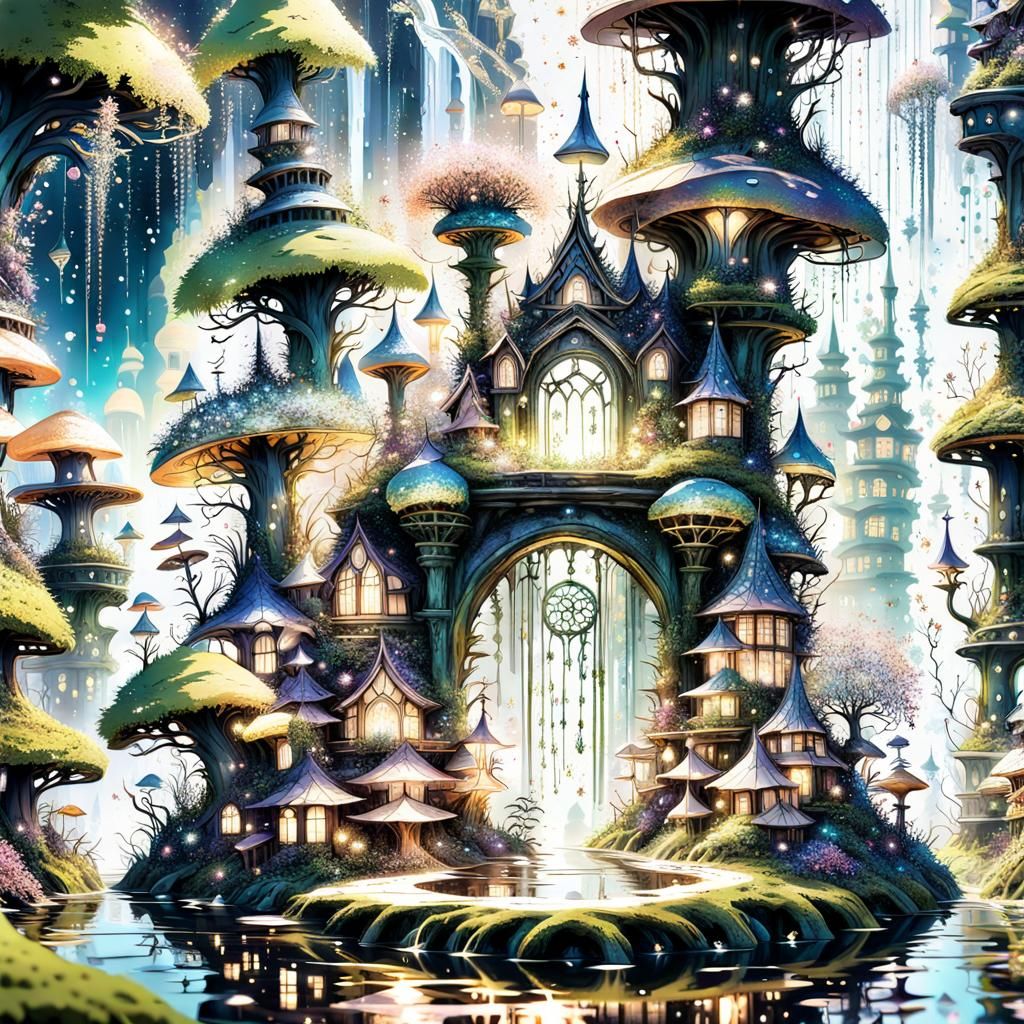 Magical Fairy Village with Waterfalls and Sparkles