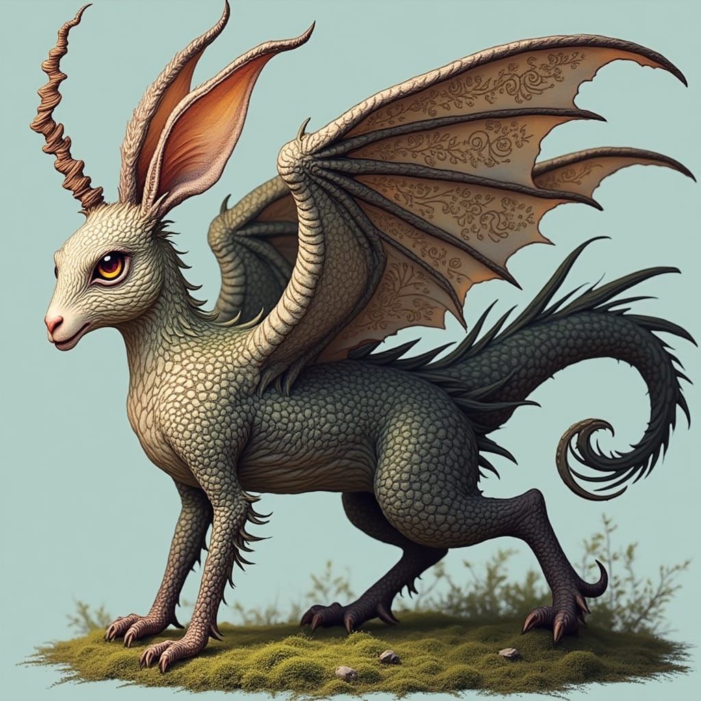 Mythical Creature Perched on Ancient Log in Dreamlike Atmosp...