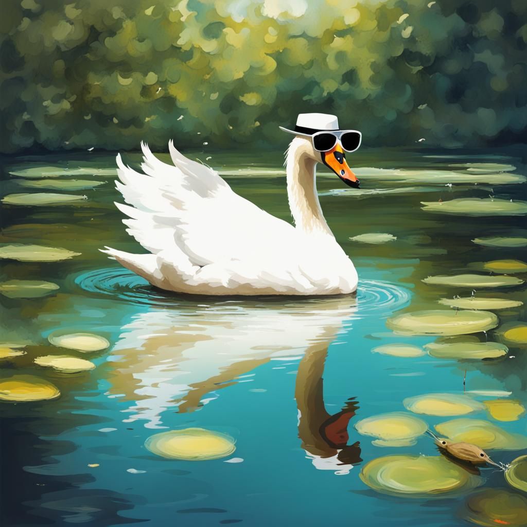 impressionism style: White swan with sunglasses and a fishing hat in a pond