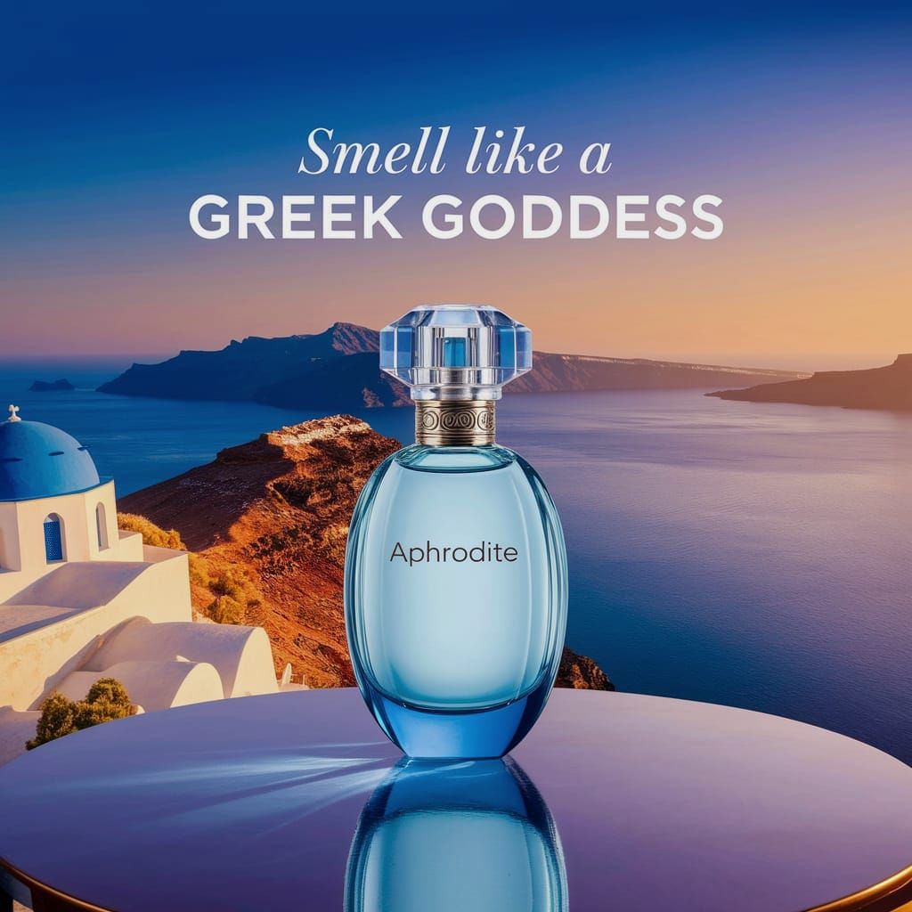 Goddess Perfume Ad in Vibrant Greek Island Setting