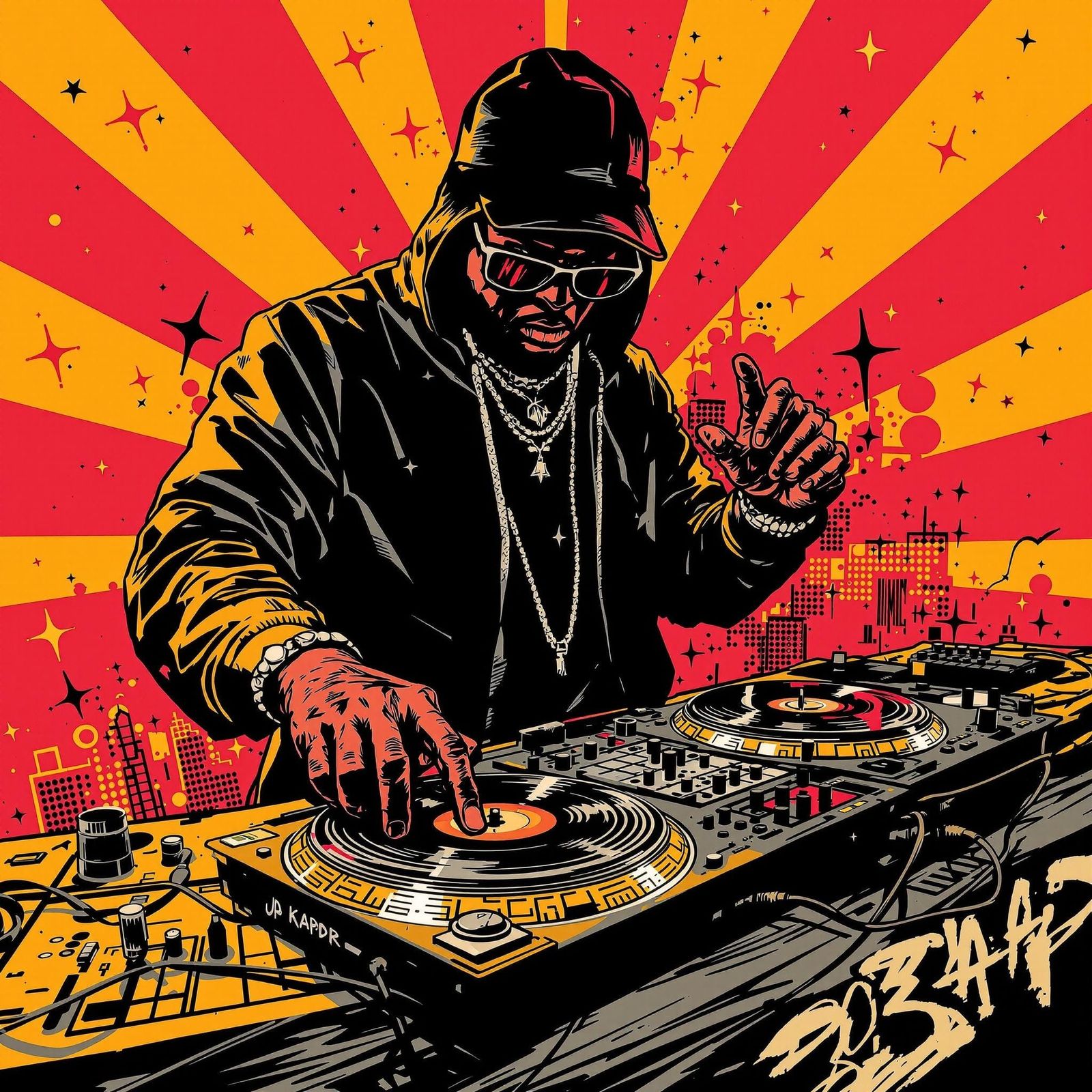 Vibrant 90s Hip-Hop Turntables Scene in Electric Colors