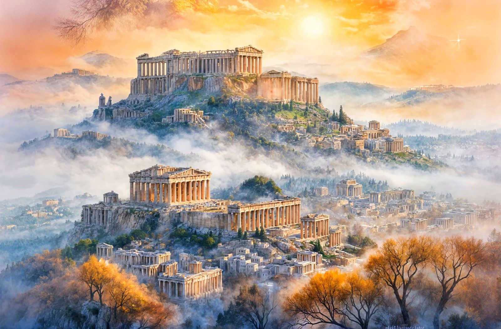 Epic Watercolour of Parthenon in Misty Athens Dawn