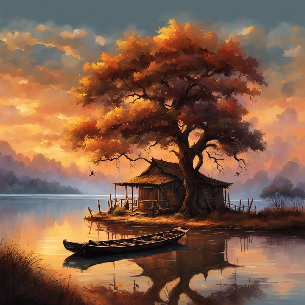 Mysterious Lagoon: Rowboat in Golden Sunset Hues