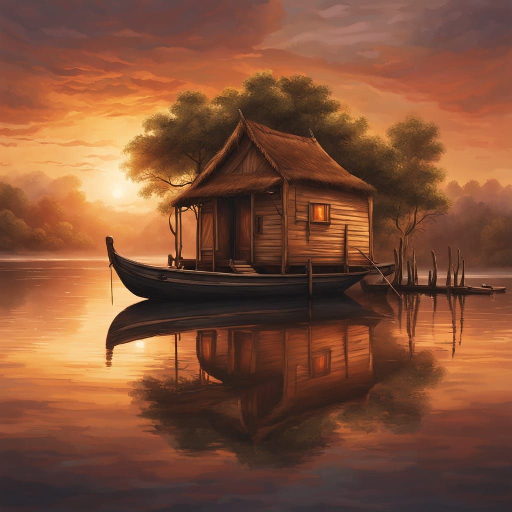 Lagoon Rowboat in Vivid Oil Painting Style
