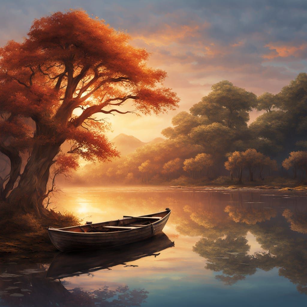 Lagoon Rowboat in Vibrant Oil Painting Style