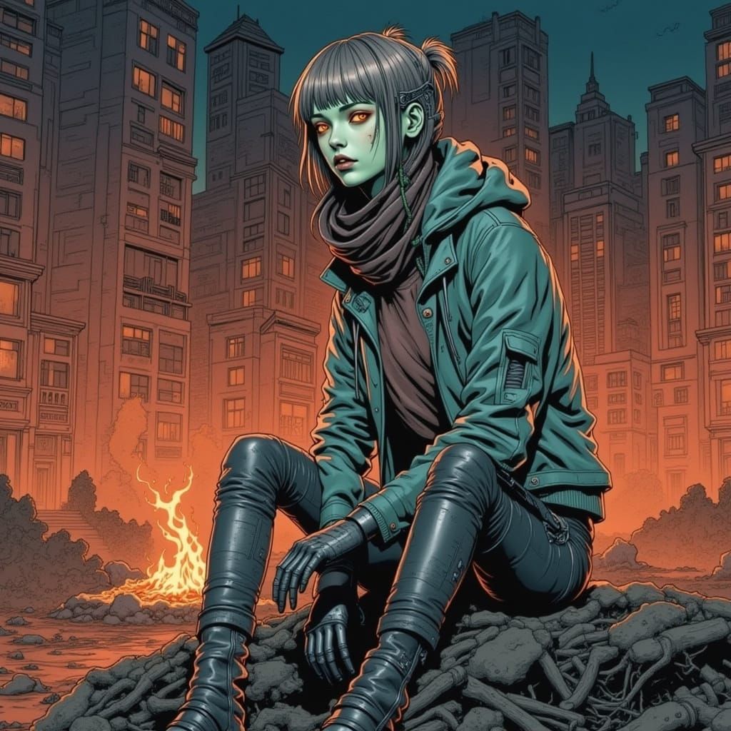 Cyberpunk Girl Survives in a Corroded Cityscape at Night