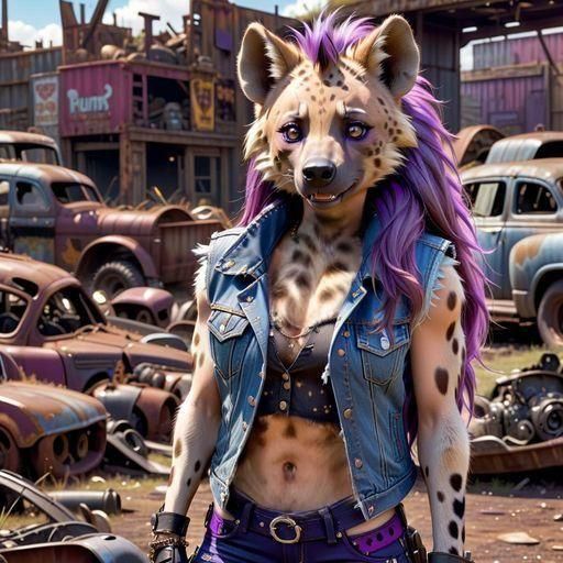Furry She-Hyena in Junkyard, 3D Render