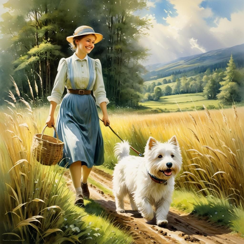 Whimsical Westie in Wildflower Meadow Painting