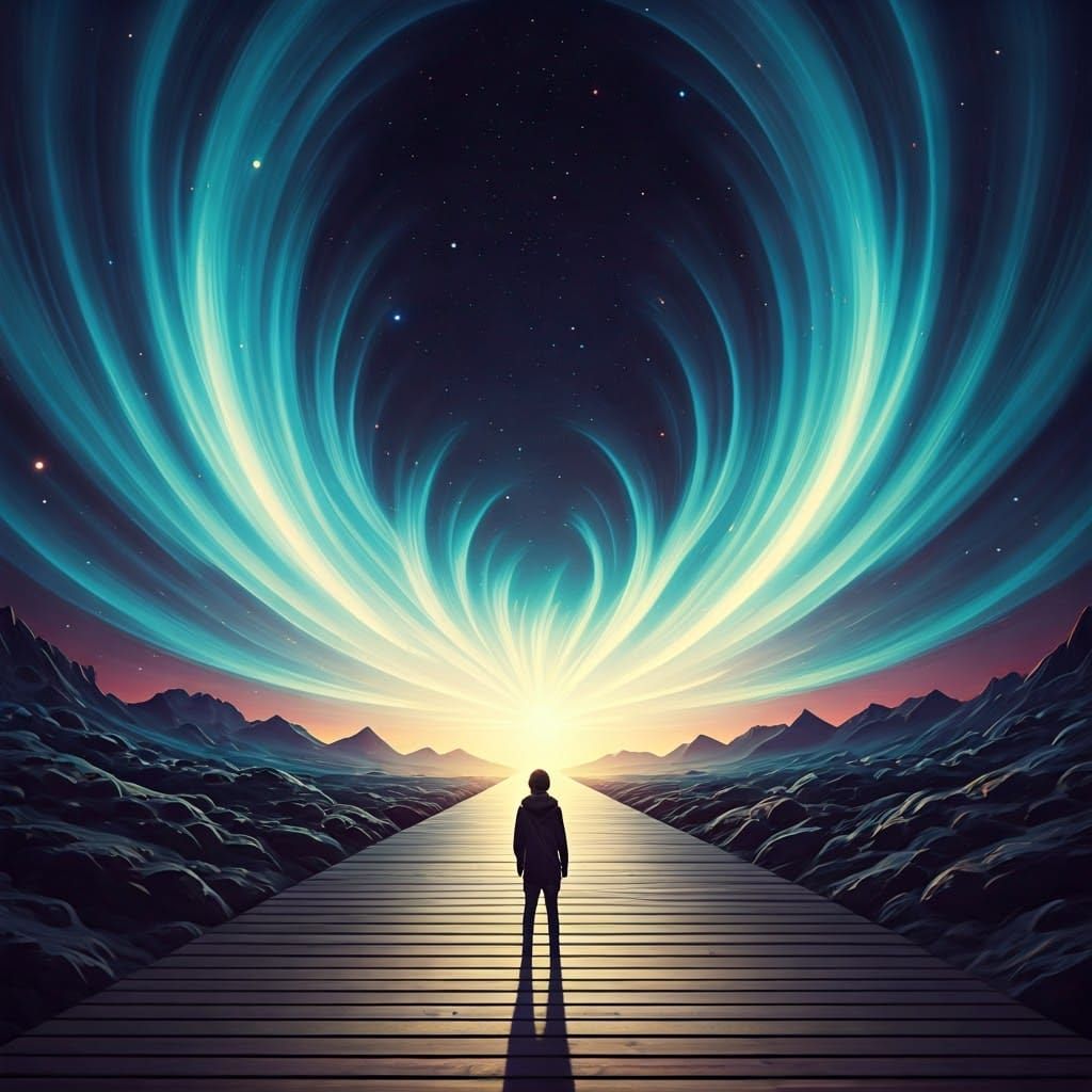 Ethereal Figure Contemplates Destiny in Surreal Landscape