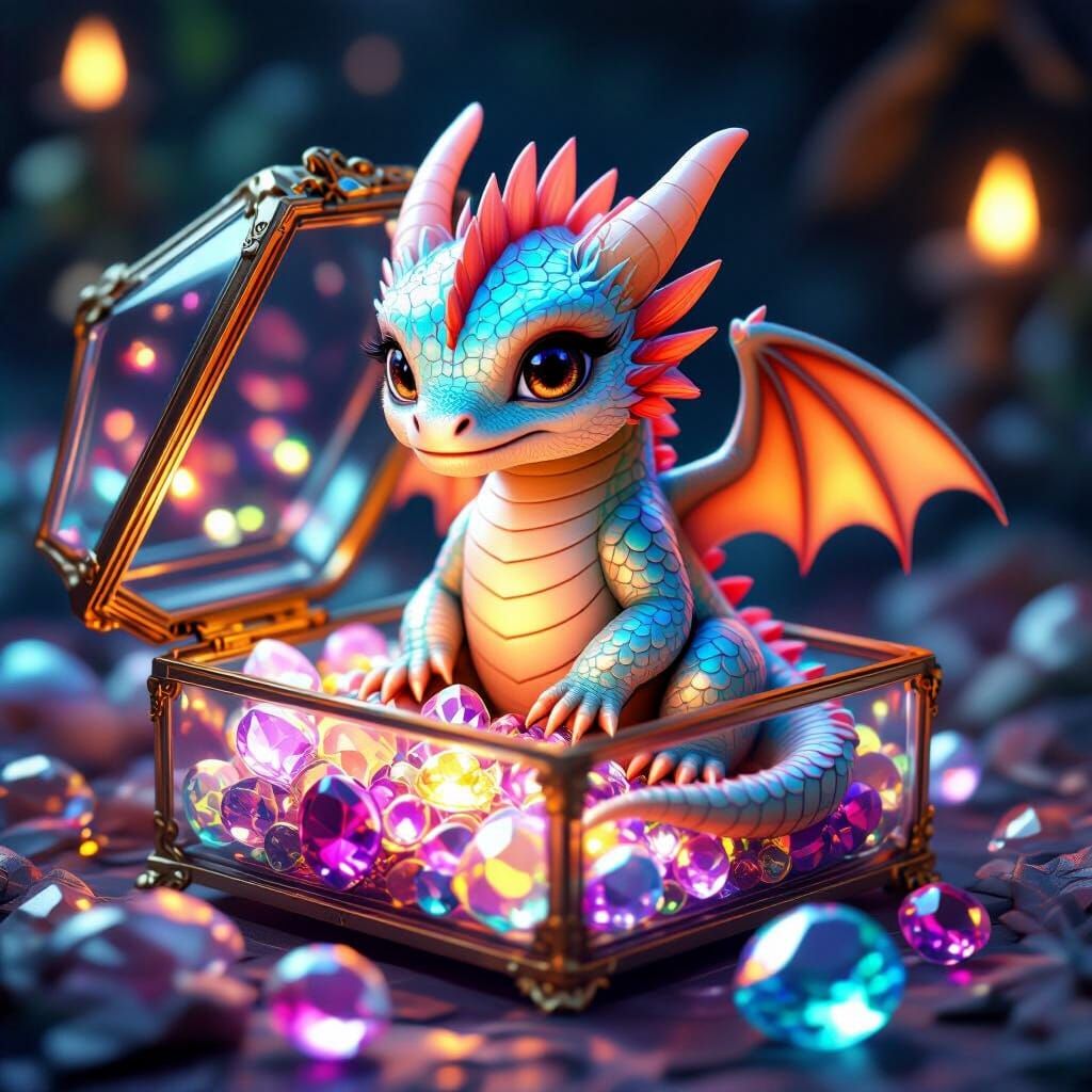 Iridescent Dragon Cub in Jewel Box: 3D Render