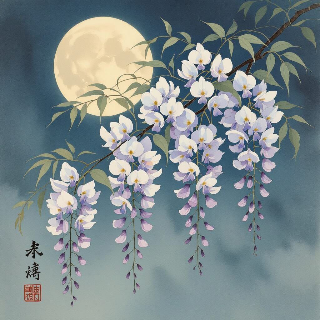 Ethereal Wisteria Flowers Swaying in Moonlight: Watercolor P...