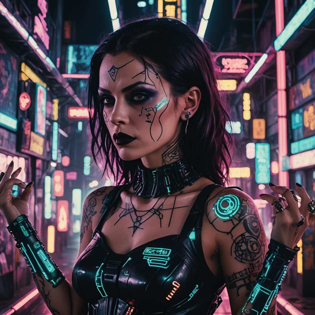 Vampire in Cyberpunk Cityscape with Gothic Tattoos